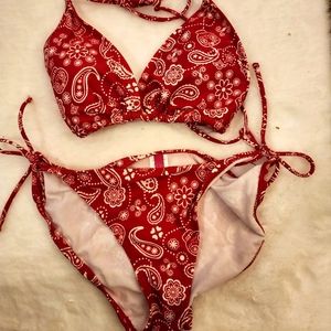 New Red & White paisley print bikini, never worn with protective liner